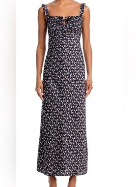 Wayf Navy Floral Midi Dress with Ruffle straps. Perfect fall wedding guest dress